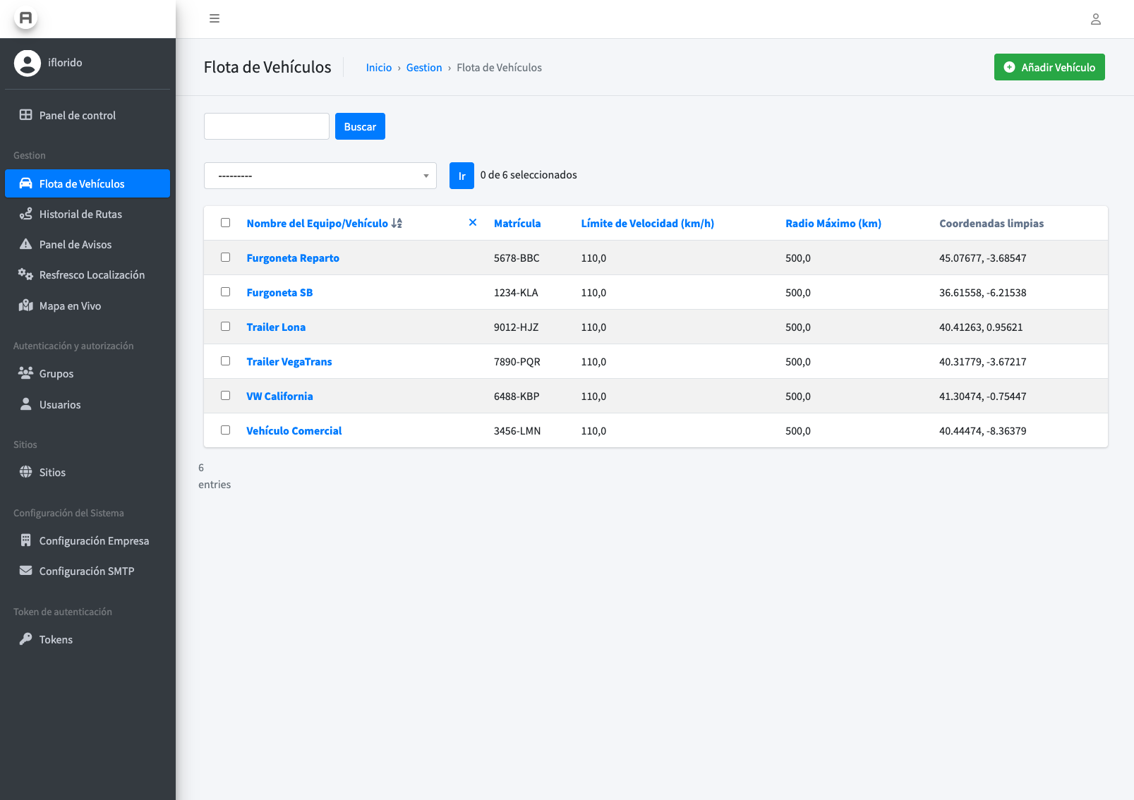 Interfaz de gestión de flota de vehículos