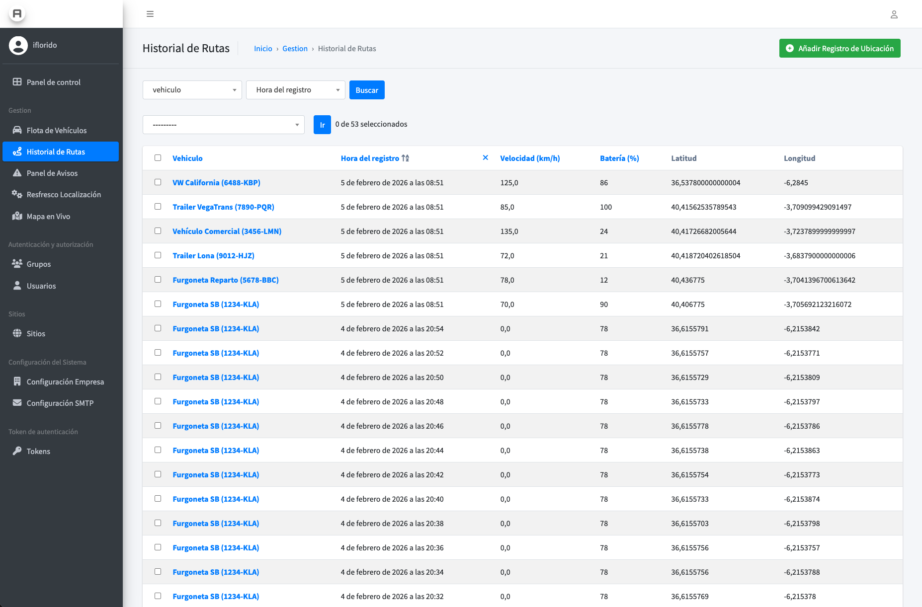 Tabla de historial de rutas con registros detallados