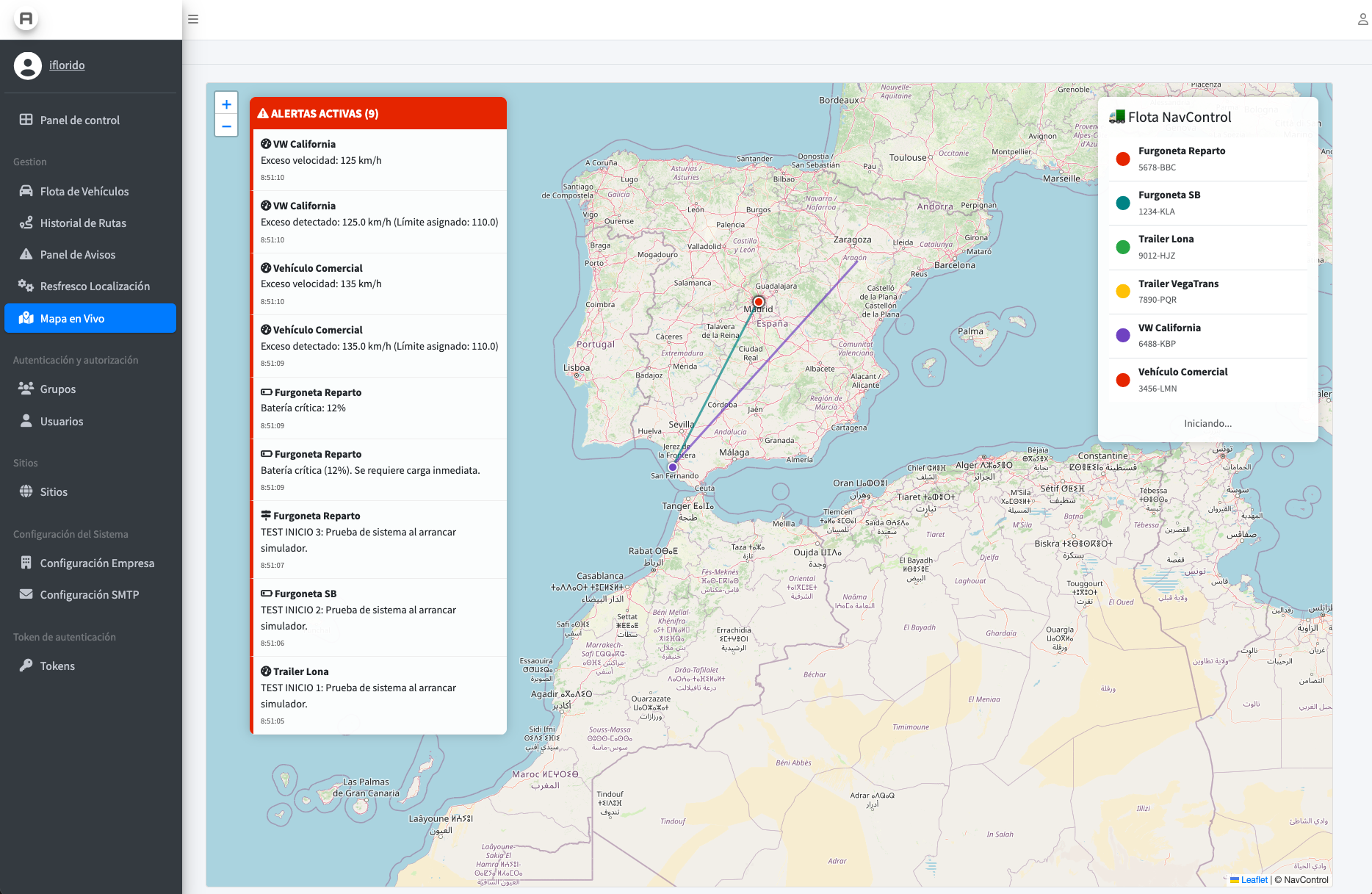 Mapa en vivo mostrando la ubicación de la flota y alertas